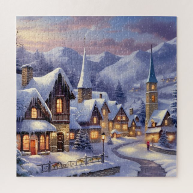 Watercolor Winter Scenery Christmas Village Jigsaw Puzzle (Vertical)