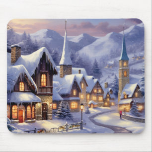Watercolor Winter Scenery Christmas Village Mouse Pad