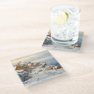 WATERCOLOR WINTER SEASIDE VILLAGE SCENE GLASS COASTER