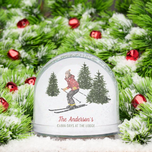 Watercolor Winter Ski Woman Custom Family Name Snowglobe (Christmas)