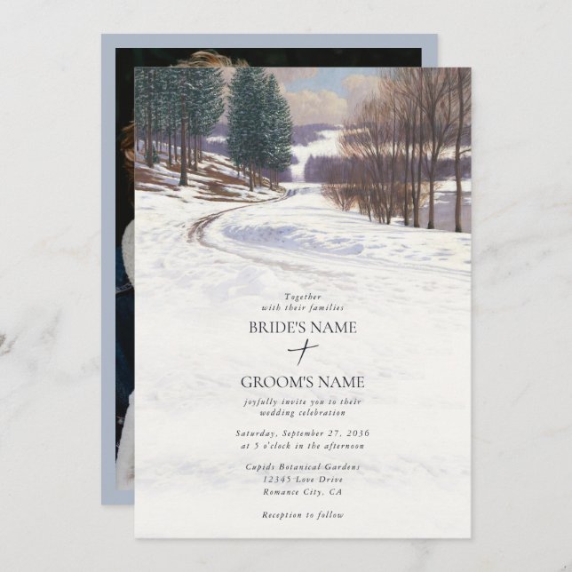 Watercolor Winter Snow Landscape Wedding Photo Invitation (Front/Back)