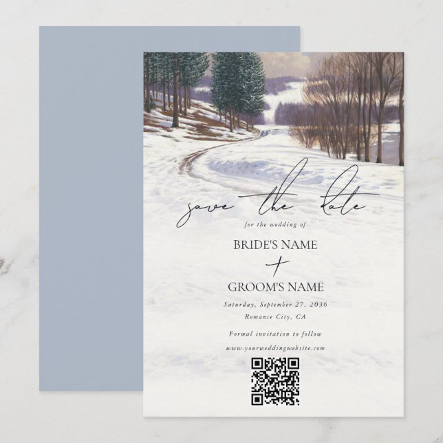 Watercolor Winter Snow Landscape Wedding Save The Date (Front/Back)