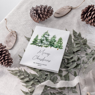 Watercolor Winter Snow Pine Trees Merry Christmas Holiday Card