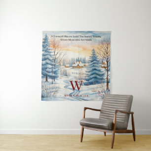 Watercolor Winter Snowflake Hut in Forest Monogram Tapestry