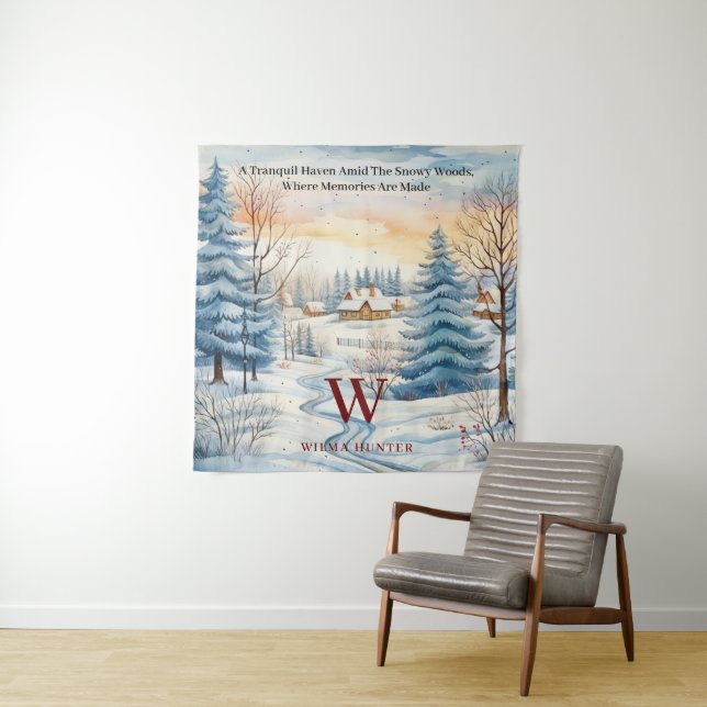 Watercolor Winter Snowflake Hut in Forest Monogram Tapestry (In Situ)