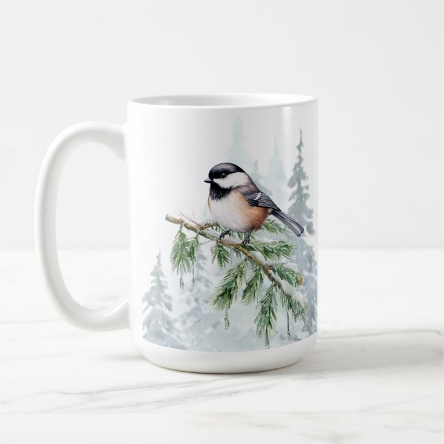 Watercolor Winter Spruce Tree Chickadee  Coffee Mug (Left)