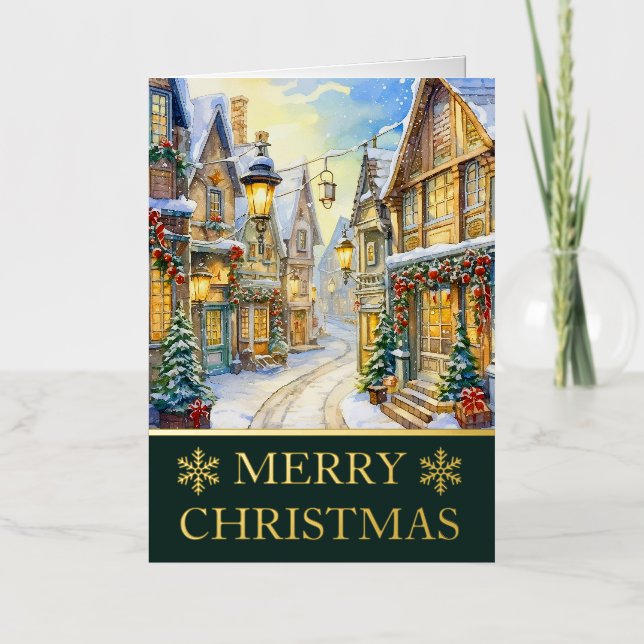 Watercolor Winter Street Scene Christmas Card (Front)