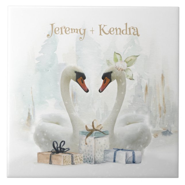 Watercolor Winter Swans Personalised Ceramic Tile (Front)