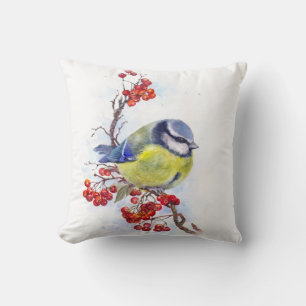 Watercolor winter titmouse bird illustration branc cushion