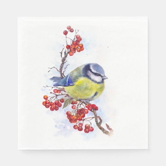 Watercolor winter titmouse bird illustration branc napkin (Front)