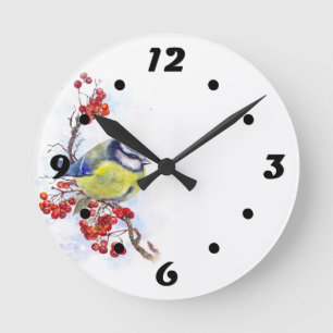 Watercolor winter titmouse bird illustration branc round clock