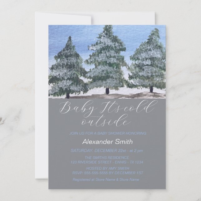 Watercolor Winter Tree Forest Boy Baby Shower  Invitation (Front)