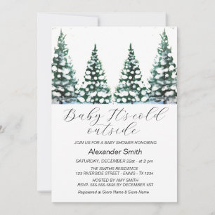 Watercolor Winter Tree Forest Boy Baby Shower Invitation