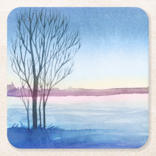 Watercolor Winter Tree Frozen Lake Reusable Square Paper Coaster
