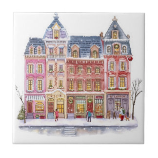 Watercolor Winter Village Christmas Town Ceramic Tile