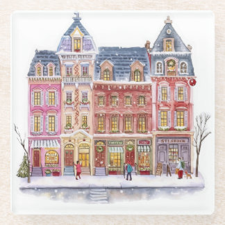 Watercolor Winter Village Christmas Town Glass Coaster