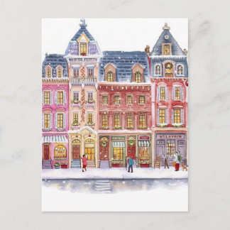 Watercolor Winter Village Christmas Town Postcard