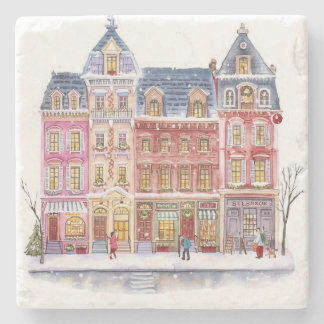 Watercolor Winter Village Christmas Town Stone Coaster