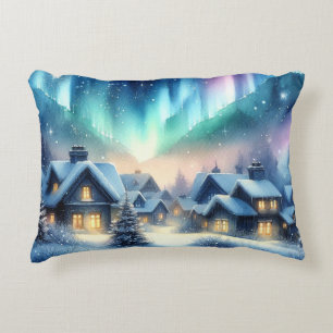 Watercolor Winter Village Snowy Christmas Decorative Cushion