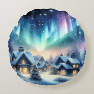 Watercolor Winter Village Snowy Christmas Round Cushion