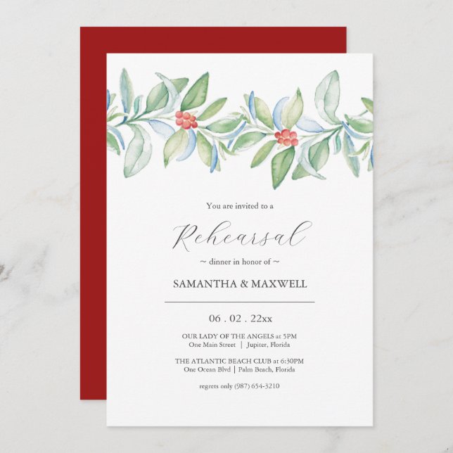 Watercolor Winter Wedding Rehearsal Dinner Invitation (Front/Back)