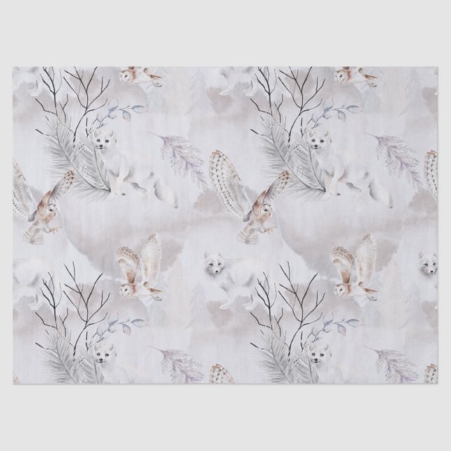 Watercolor Winter White Owl Snow Fox Pattern Tissue Paper (Front)