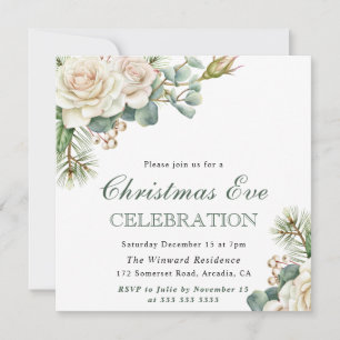 Watercolor Winter White Rose Christmas Eve Invitation