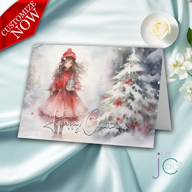 Watercolor Winter Wonderland Christmas Red Sprite  Card (Customizable text inside and out )