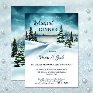 Watercolor Winter Wonderland Pine Rehearsal Dinner Invitation