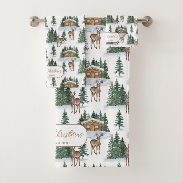 Watercolor Winter Wonderland Rustic Barn Christmas Bath Towel Set (Insitu)