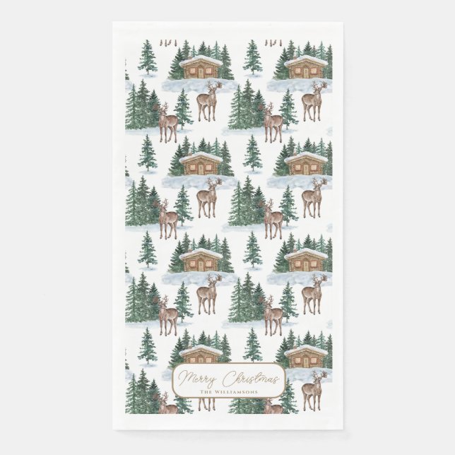 Watercolor Winter Wonderland Rustic Barn Christmas Napkin (Front)