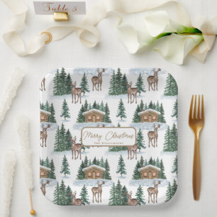 Watercolor Winter Wonderland Rustic Barn Christmas Paper Plate
