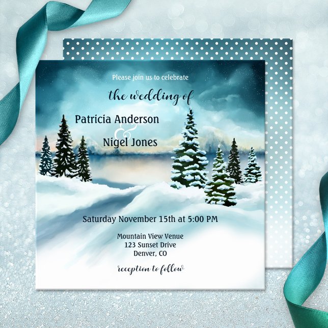 Watercolor Winter Wonderland Wedding Invitation (Winter wedding invitation with a watercolor winter wonderland  scene with snow capped pine trees)