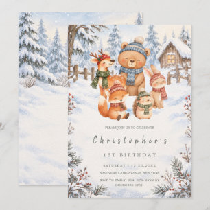 Watercolor Winter Woodland Animals 1st Birthday Invitation