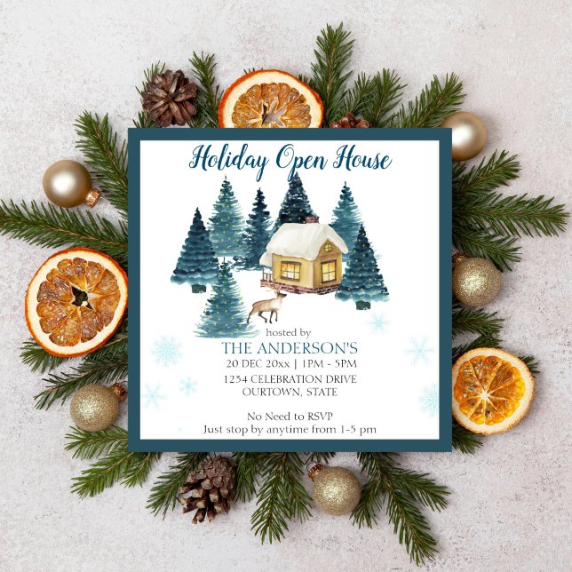 Watercolor winter woods cabin holiday open house  invitation (Holiday open house Christmas party editable template invitation digital download)