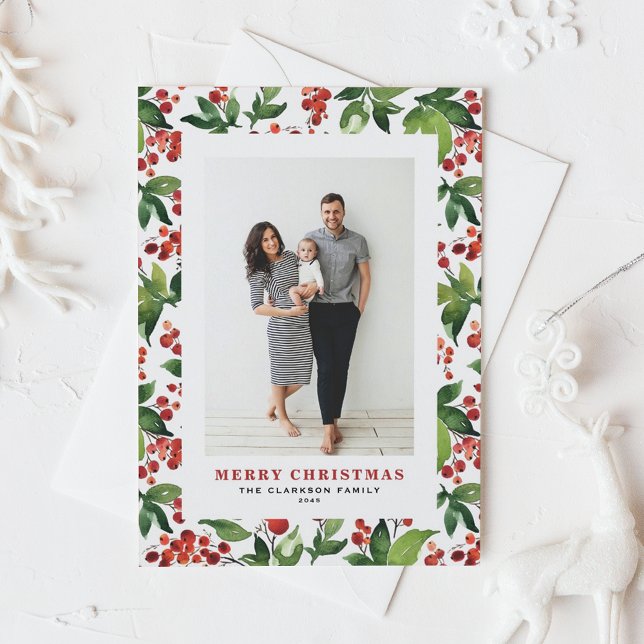 Watercolor Winterberries Merry Christmas Photo Holiday Postcard (Watercolor Festive Winter Berries and Greenery Photo Merry Christmas Holiday Postcard)