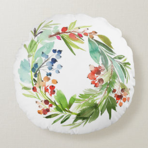 Watercolor Winterberry Holly and Juniper Christmas Round Cushion