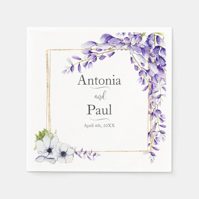 Watercolor Wisteria Blooms Wedding Napkin (Front)