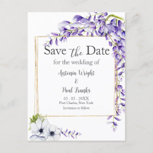 Watercolor Wisteria Blooms Wedding Save the Date Postcard
