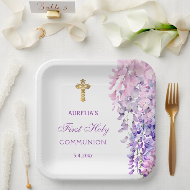 Watercolor Wisteria First Communion Paper Plate (Wedding)