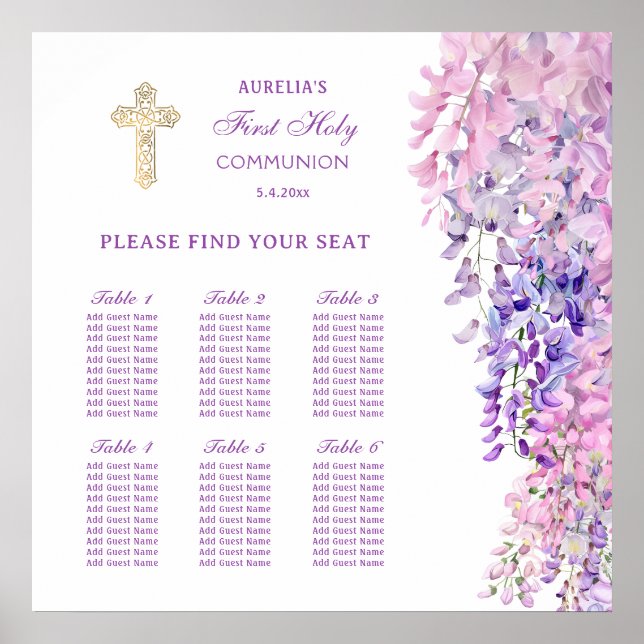 Watercolor Wisteria First Communion Seating Chart (Front)
