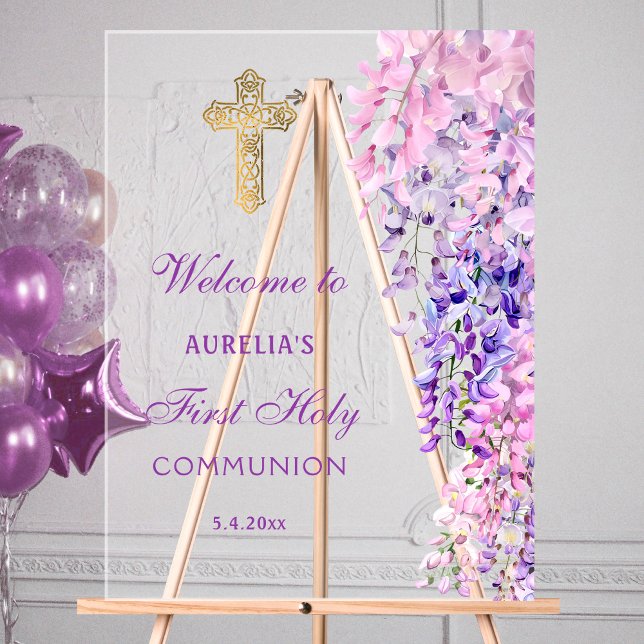 Watercolor Wisteria First Communion Welcome Acrylic Sign (Creator Uploaded)
