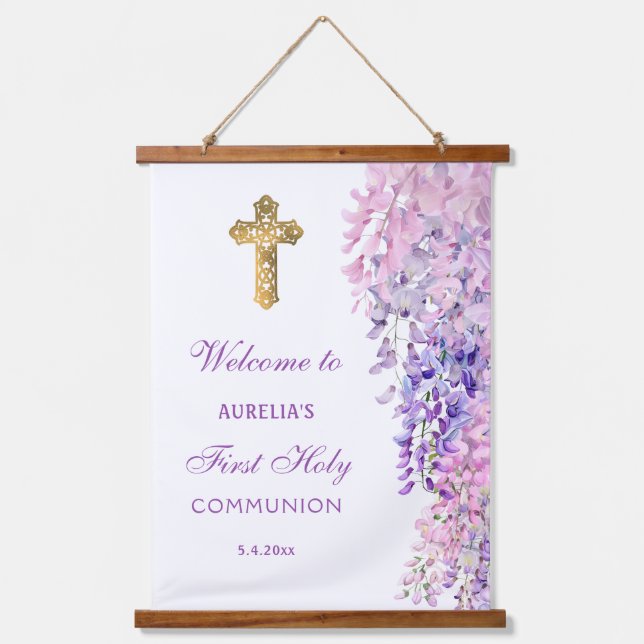 Watercolor Wisteria First Communion Welcome Hanging Tapestry (Front)