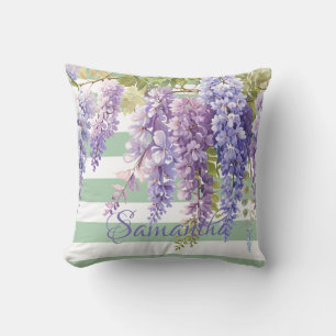 Watercolor wisteria floral green strips cushion