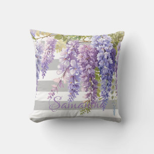 Watercolor wisteria floral grey stripped cushion