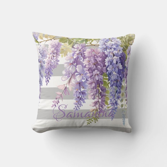 Watercolor wisteria floral grey stripped cushion (Front)
