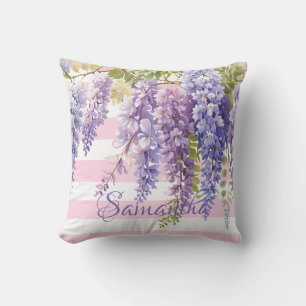 Watercolor wisteria floral pink stripped cushion