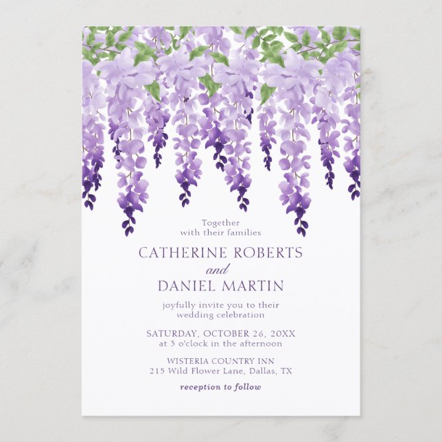 Watercolor Wisteria Purple Lilac Floral Wedding Invitation (Front)