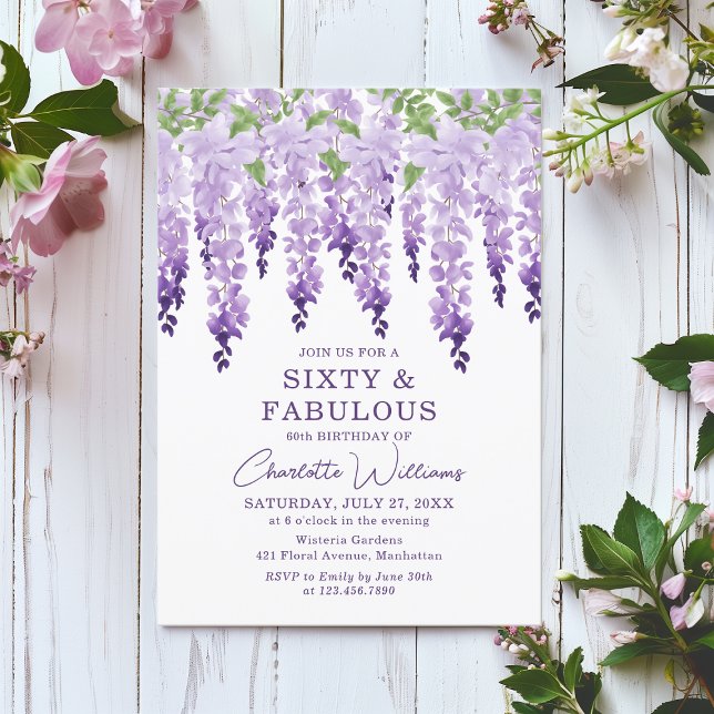 Watercolor Wisteria Sixty & Fabulous Floral Chic Invitation (Creator Uploaded)
