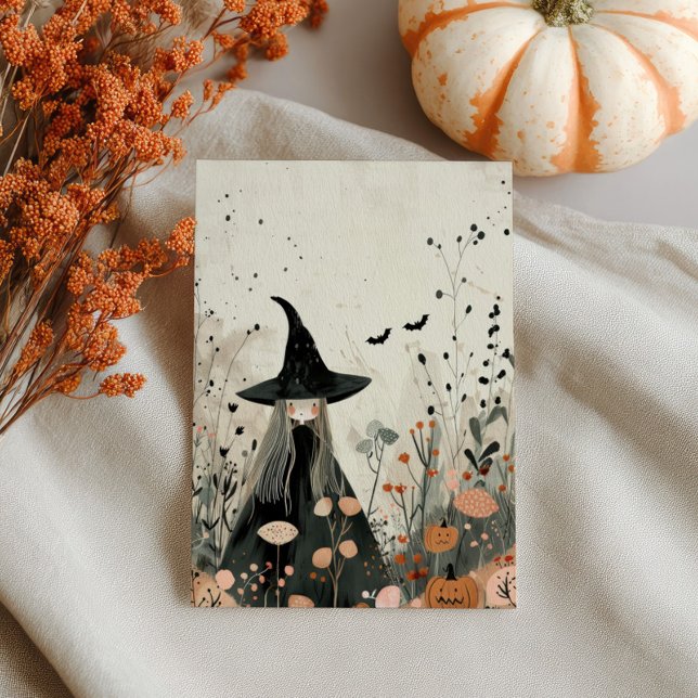 Watercolor Witch Fall Foliage Whimsical Halloween Postcard (Creator Uploaded)